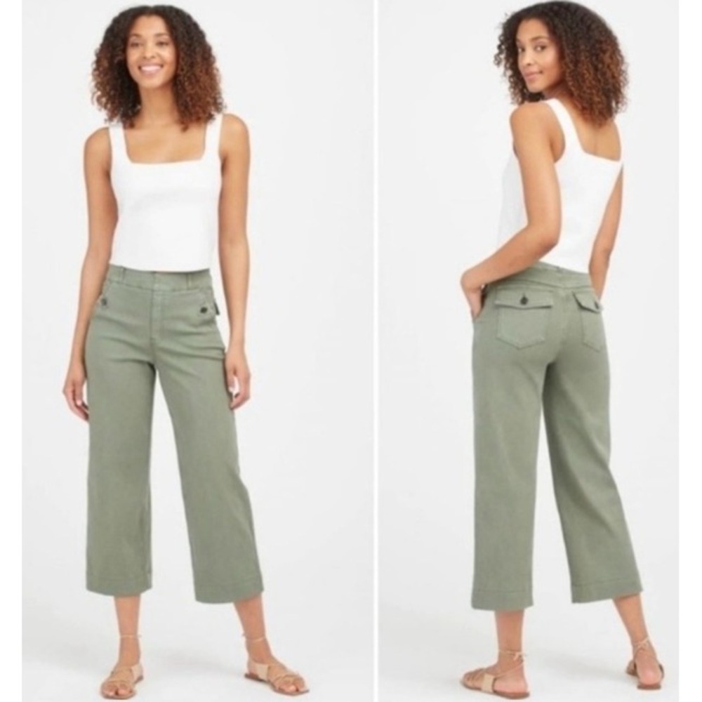 Spanx Stretch Twill Wide Leg Crop Pants Sage Green Pull On Trousers Women Medium
